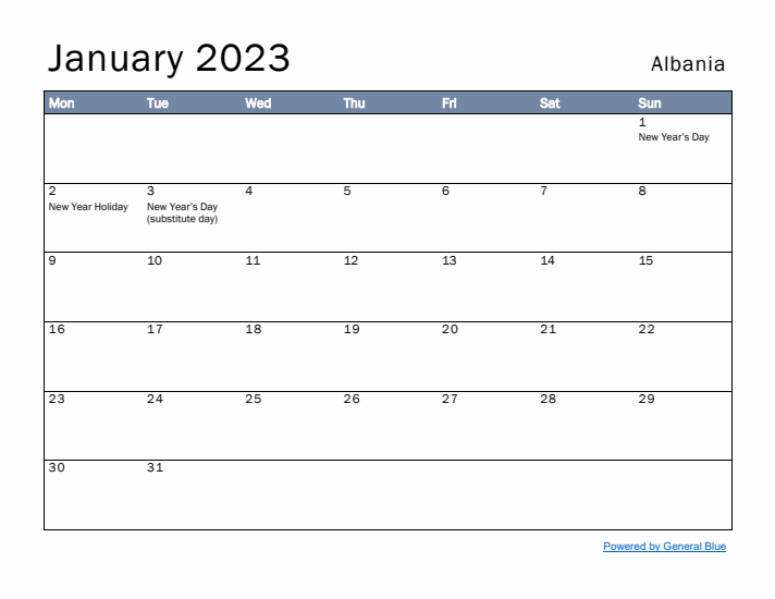 January 2023 Simple Monthly Calendar for Albania