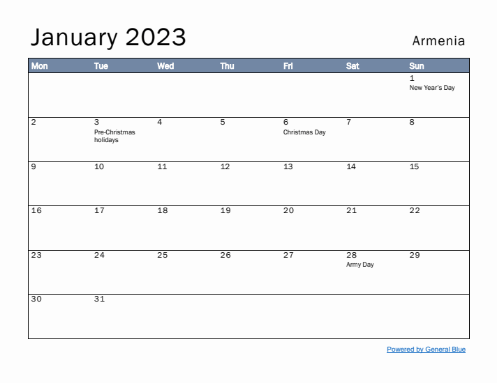 January 2023 Simple Monthly Calendar for Armenia