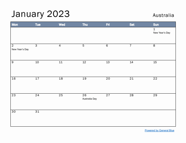 January 2023 Simple Monthly Calendar for Australia