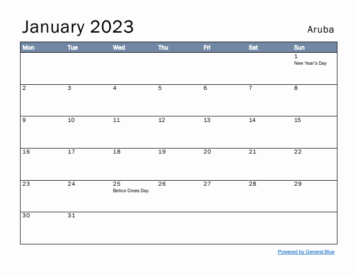 January 2023 Simple Monthly Calendar for Aruba