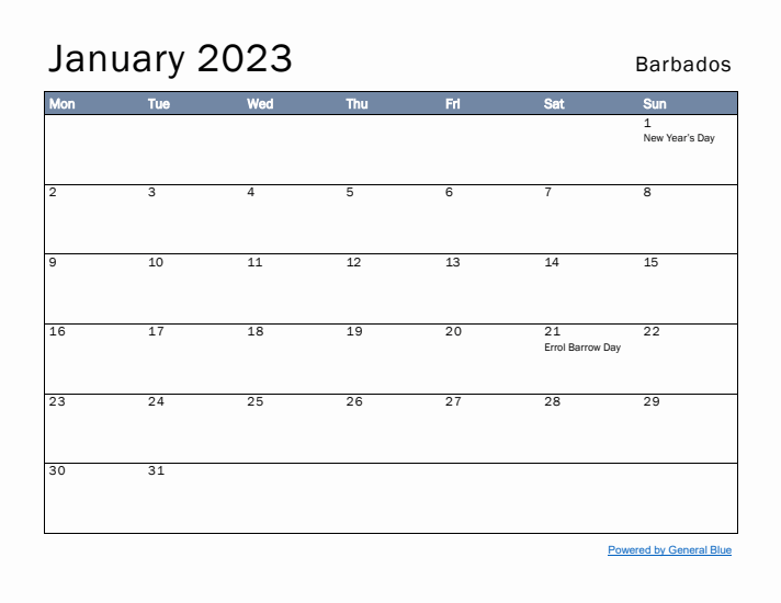 January 2023 Simple Monthly Calendar for Barbados