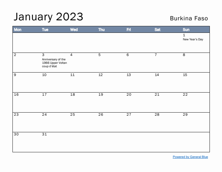 January 2023 Simple Monthly Calendar for Burkina Faso