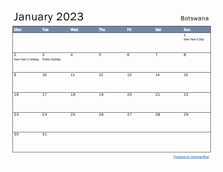 January 2023 Simple Monthly Calendar for Botswana