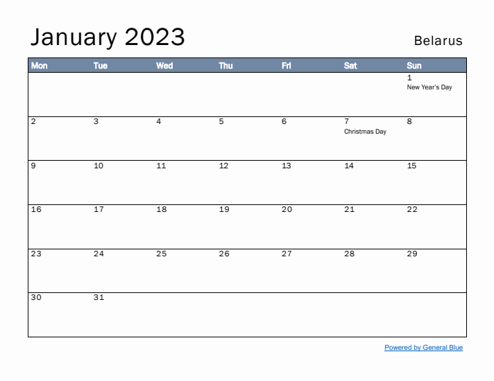 January 2023 Simple Monthly Calendar for Belarus