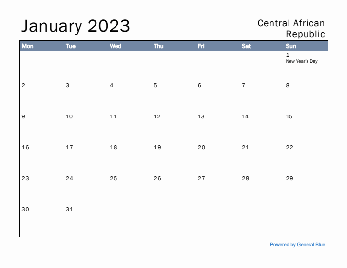 January 2023 Simple Monthly Calendar for Central African Republic