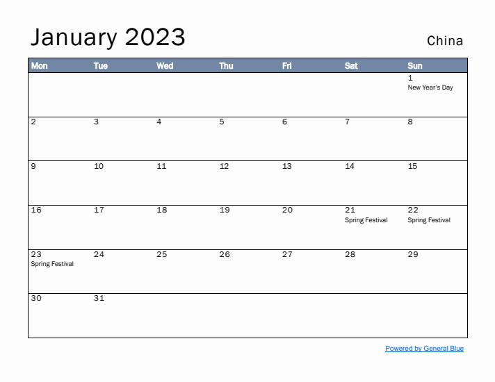 January 2023 Simple Monthly Calendar for China