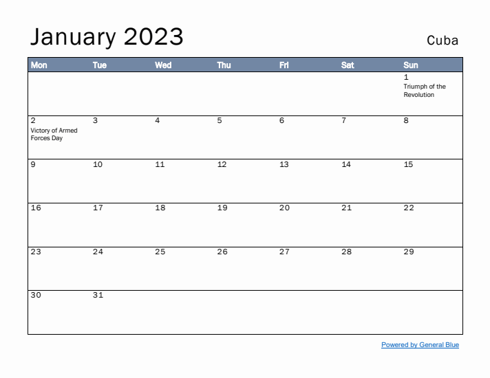 January 2023 Simple Monthly Calendar for Cuba