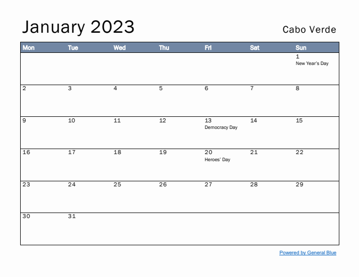 January 2023 Simple Monthly Calendar for Cabo Verde