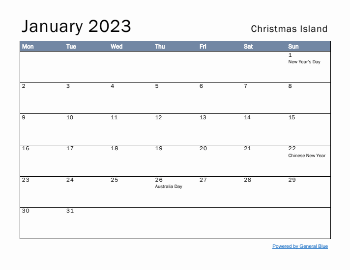 January 2023 Simple Monthly Calendar for Christmas Island