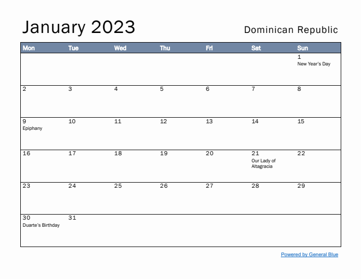 January 2023 Simple Monthly Calendar for Dominican Republic