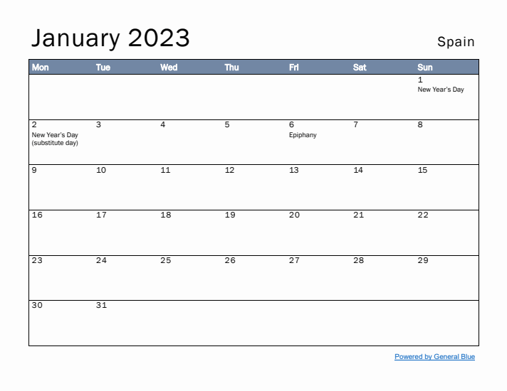 January 2023 Simple Monthly Calendar for Spain