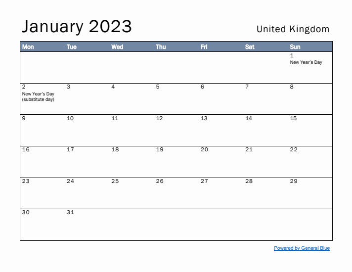 January 2023 Simple Monthly Calendar for United Kingdom