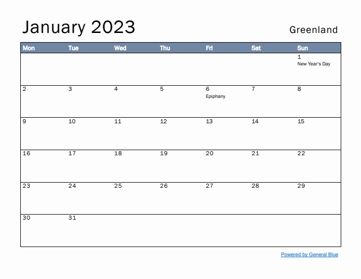 January 2023 Simple Monthly Calendar for Greenland