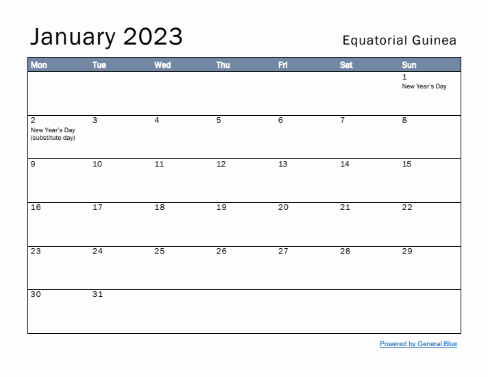 January 2023 Simple Monthly Calendar for Equatorial Guinea