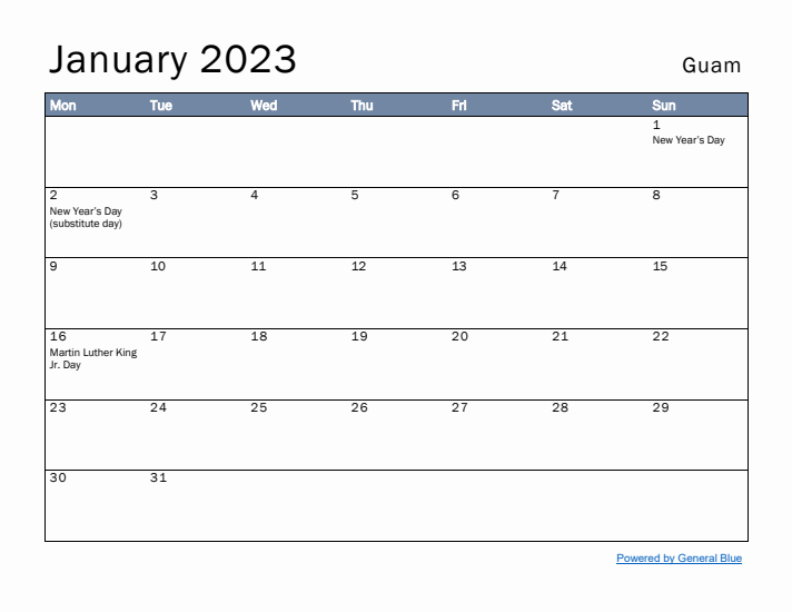 January 2023 Simple Monthly Calendar for Guam