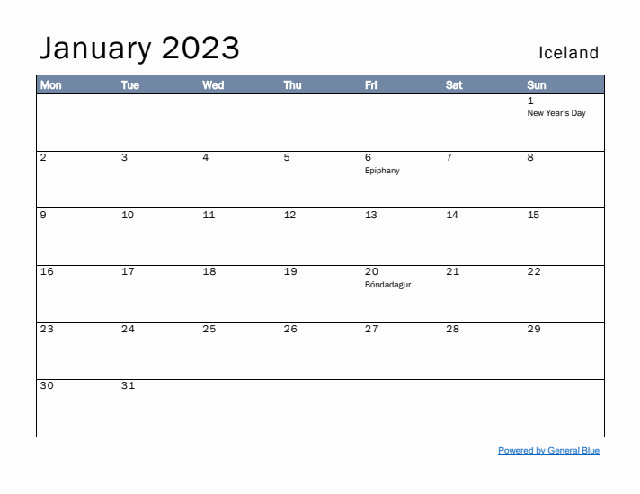 January 2023 Simple Monthly Calendar for Iceland