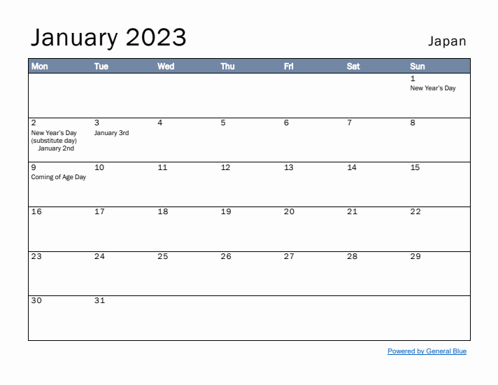 January 2023 Simple Monthly Calendar for Japan