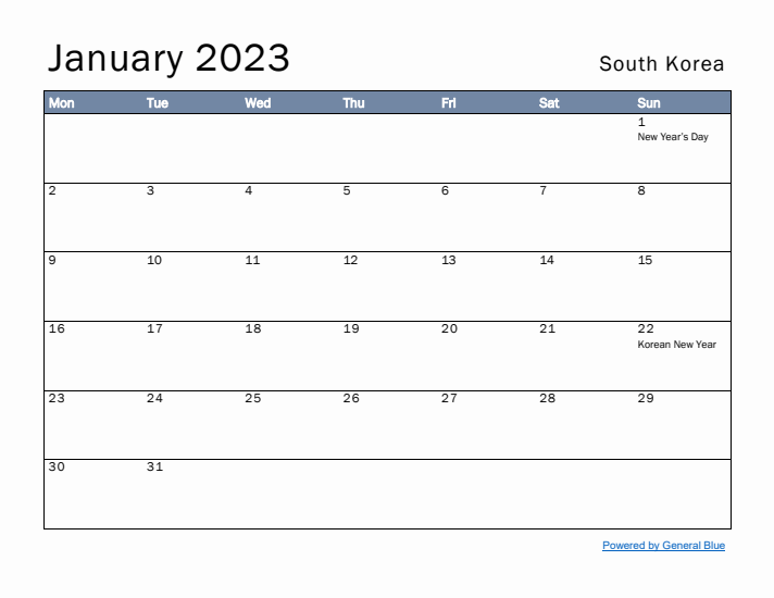 January 2023 Simple Monthly Calendar for South Korea