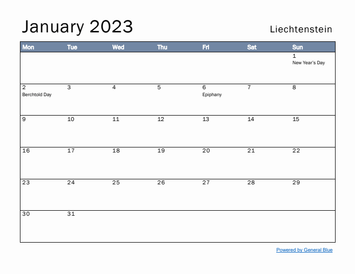 January 2023 Simple Monthly Calendar for Liechtenstein