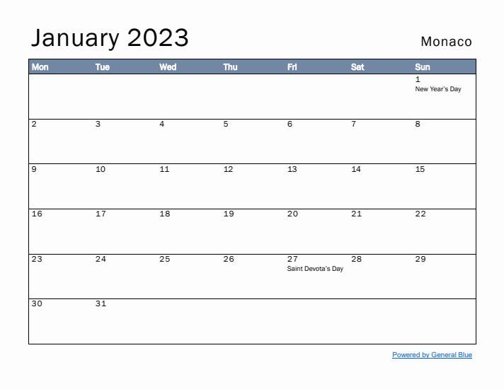 January 2023 Simple Monthly Calendar for Monaco