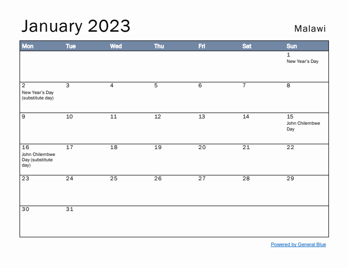 January 2023 Simple Monthly Calendar for Malawi