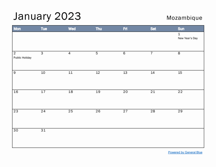 January 2023 Simple Monthly Calendar for Mozambique