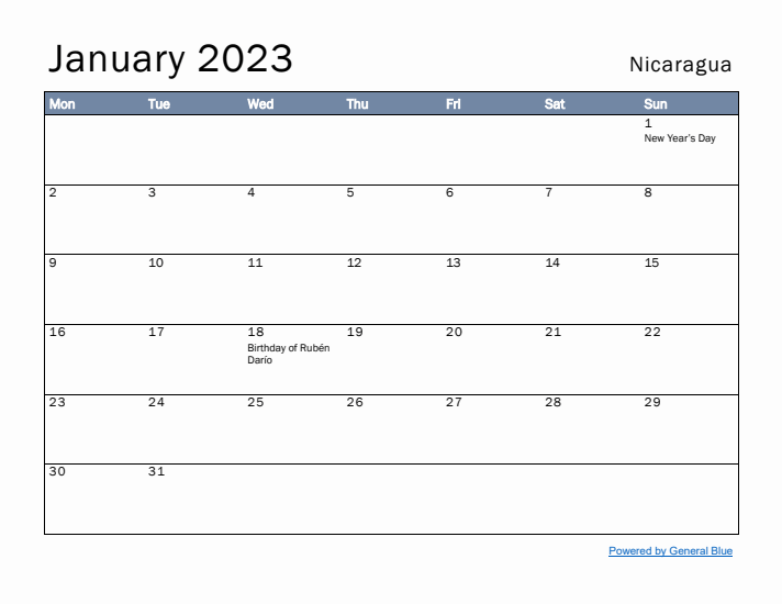 January 2023 Simple Monthly Calendar for Nicaragua