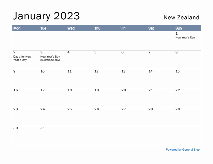 January 2023 Simple Monthly Calendar for New Zealand