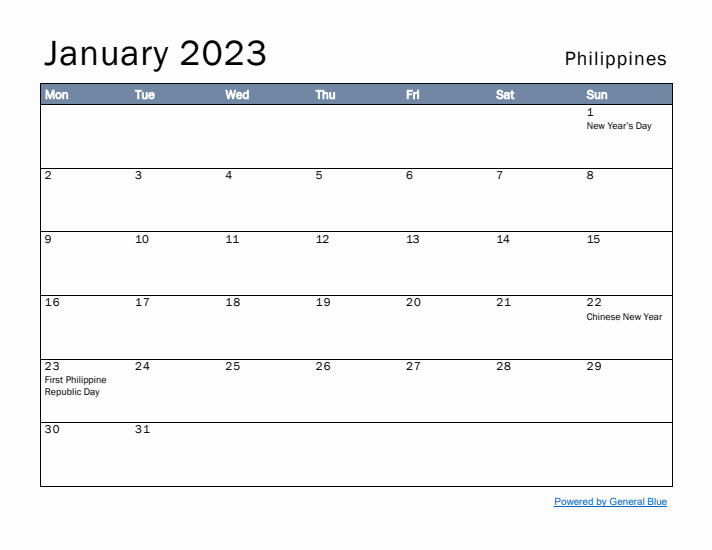 January 2023 Simple Monthly Calendar for Philippines