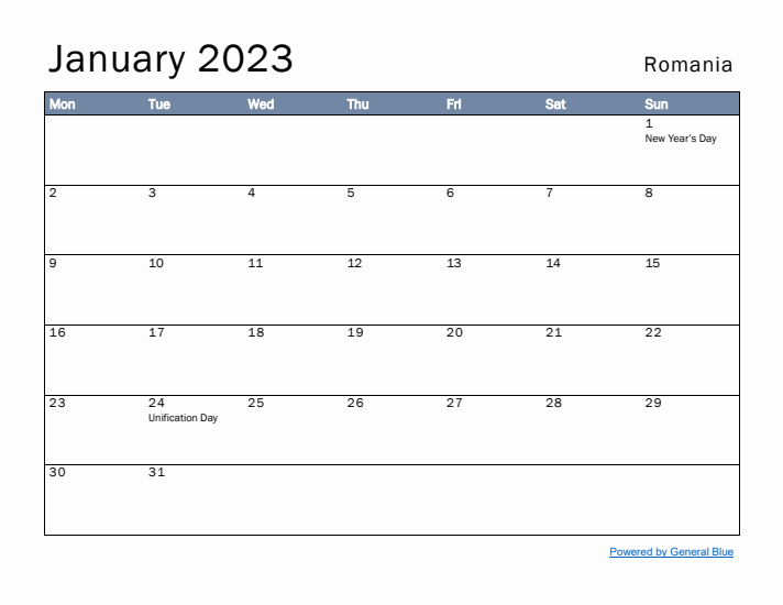 January 2023 Simple Monthly Calendar for Romania