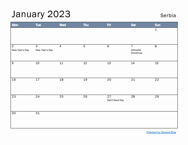 January 2023 Simple Monthly Calendar for Serbia