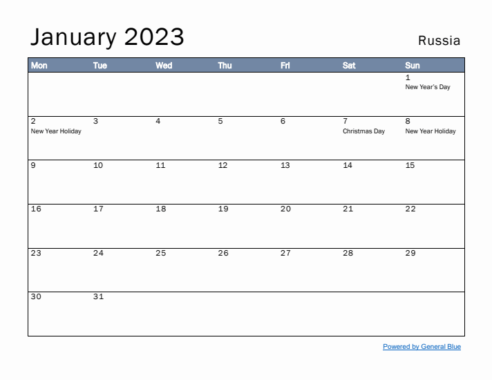 January 2023 Simple Monthly Calendar for Russia