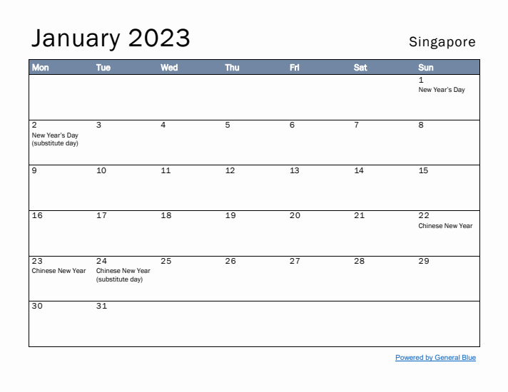 January 2023 Simple Monthly Calendar for Singapore