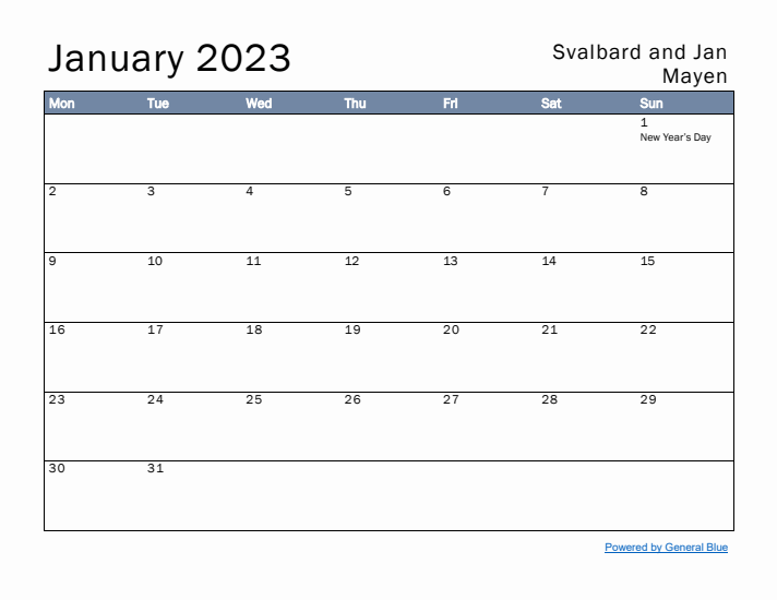 January 2023 Simple Monthly Calendar for Svalbard and Jan Mayen