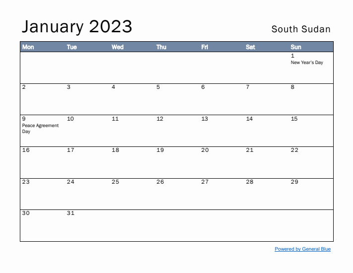 January 2023 Simple Monthly Calendar for South Sudan