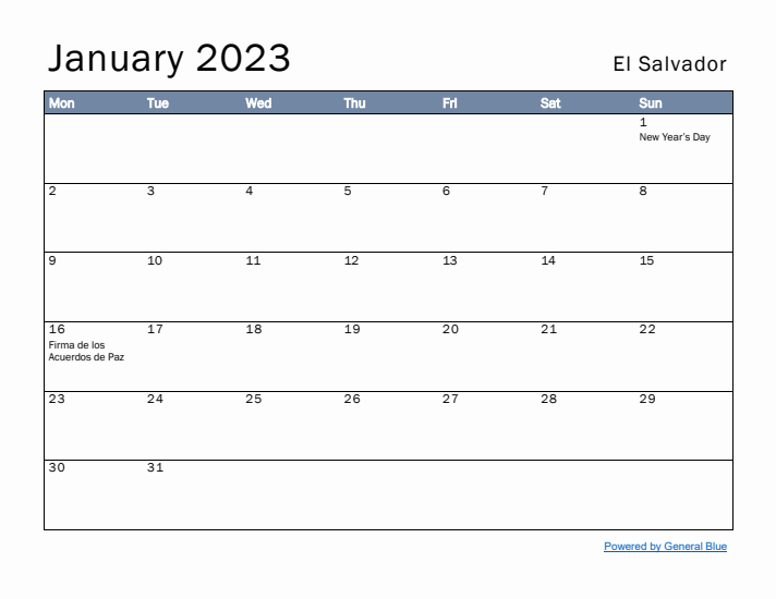 January 2023 Simple Monthly Calendar for El Salvador