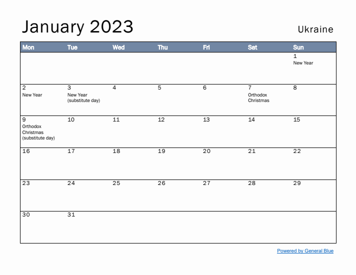 January 2023 Simple Monthly Calendar for Ukraine