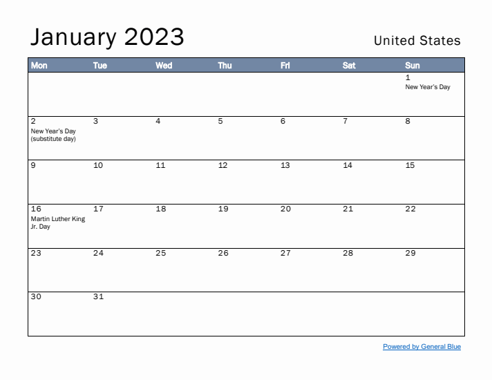 January 2023 Simple Monthly Calendar for United States