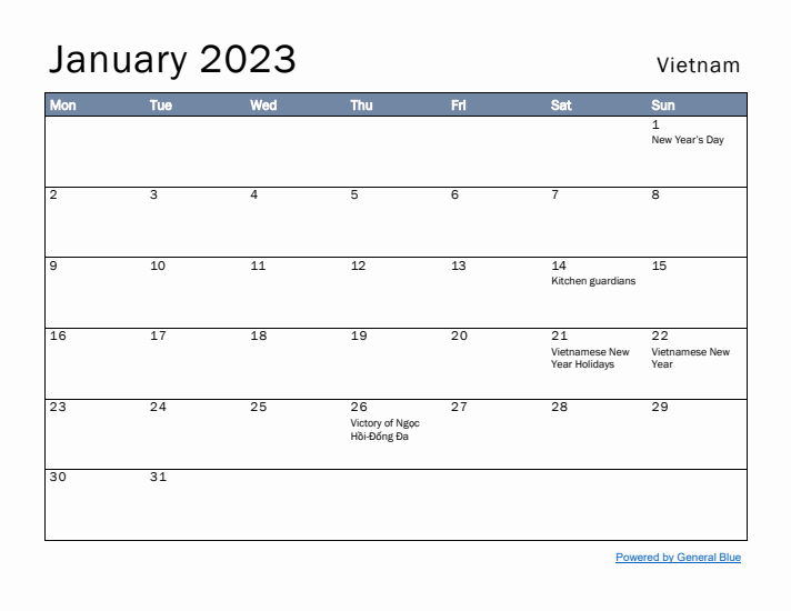 January 2023 Simple Monthly Calendar for Vietnam