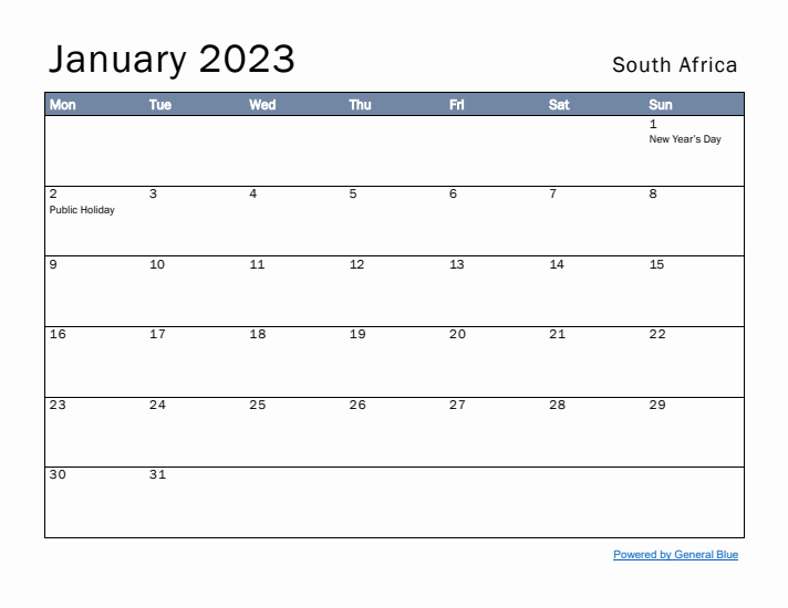 January 2023 Simple Monthly Calendar for South Africa