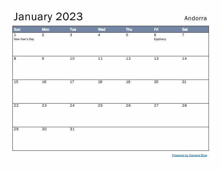 January 2023 Simple Monthly Calendar for Andorra