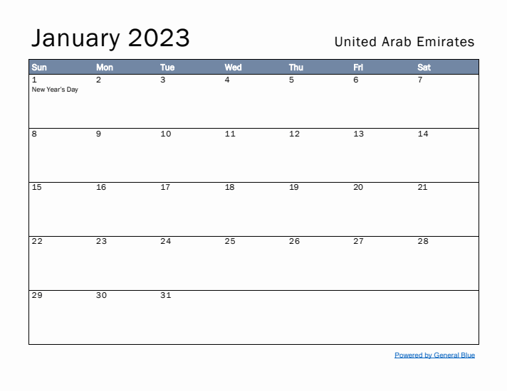 January 2023 Simple Monthly Calendar for United Arab Emirates