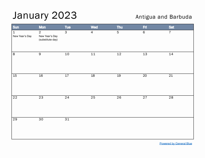 January 2023 Simple Monthly Calendar for Antigua and Barbuda