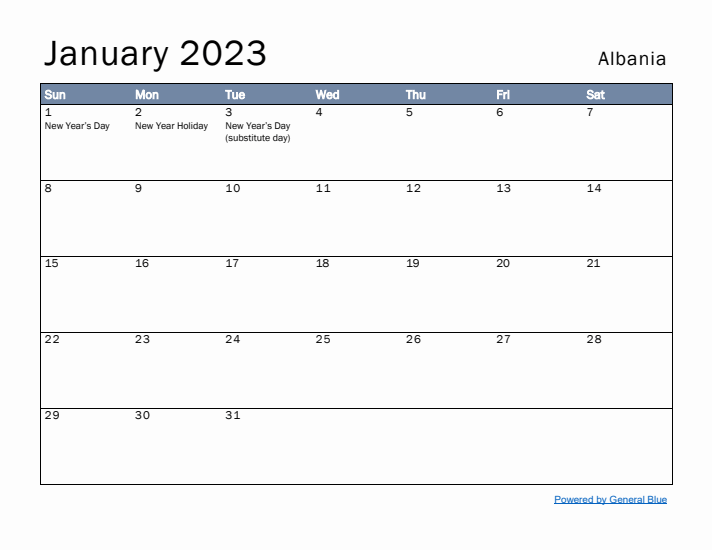 January 2023 Simple Monthly Calendar for Albania