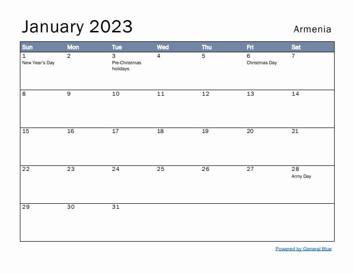 January 2023 Simple Monthly Calendar for Armenia