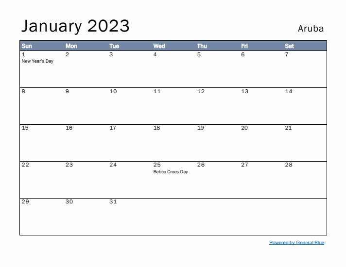 January 2023 Simple Monthly Calendar for Aruba