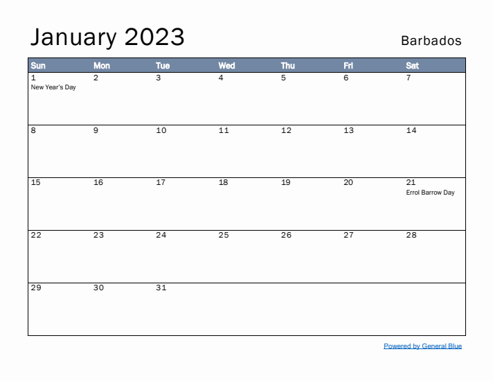 January 2023 Simple Monthly Calendar for Barbados