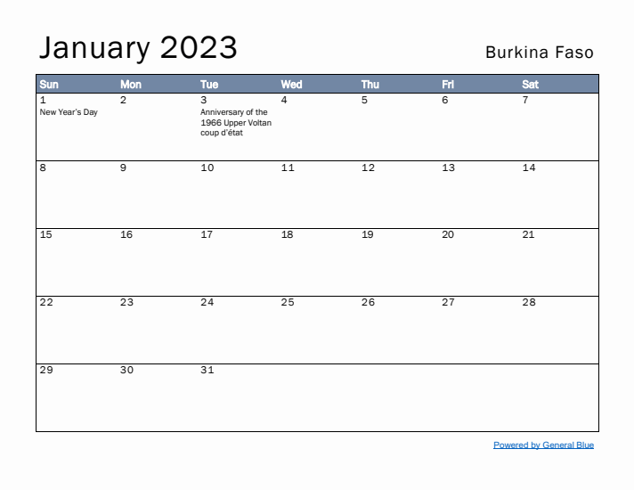 January 2023 Simple Monthly Calendar for Burkina Faso