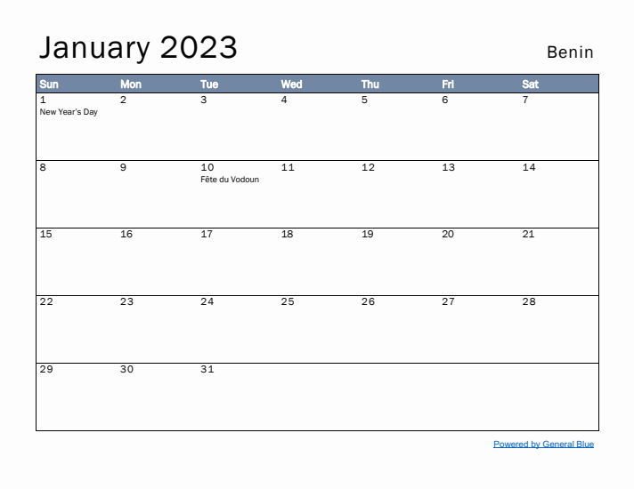 January 2023 Simple Monthly Calendar for Benin