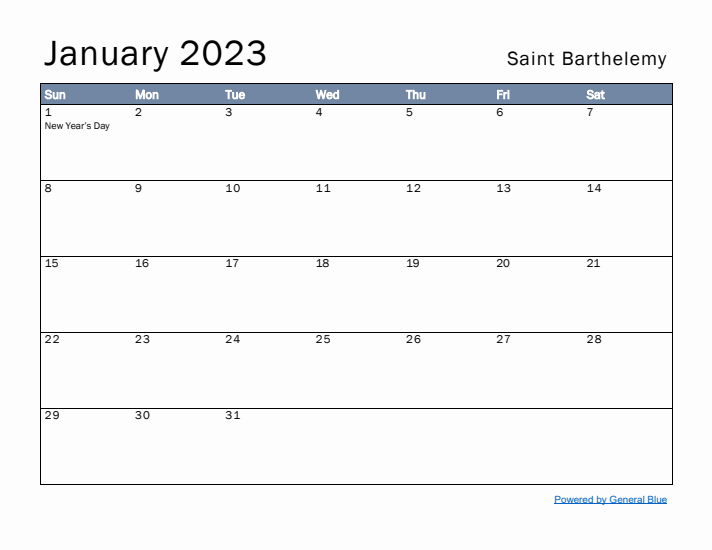 January 2023 Simple Monthly Calendar for Saint Barthelemy